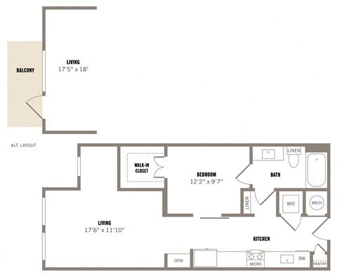 Floor plan for 1 bed, 1 bath, 738 sqft